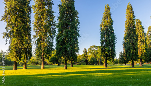 A park with tall trees, a lawn and the morning sun.