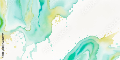 Abstract watercolor paint background illustration - Soft pastel green aquamarine color and golden lines, with liquid fluid marbled paper texture banner texture.	
