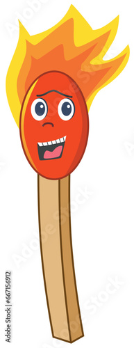 Cartoon Match - A Burning Matchstick with a Smiling Face. Vector Illustration isolated on a White Background 