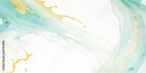 Abstract watercolor paint background illustration - Soft pastel green aquamarine color and golden lines, with liquid fluid marbled paper texture banner texture.	
