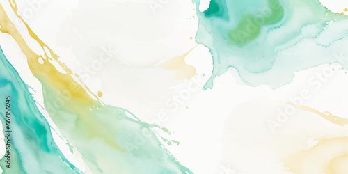 Abstract watercolor paint background illustration - Soft pastel green aquamarine color and golden lines, with liquid fluid marbled paper texture banner texture.	