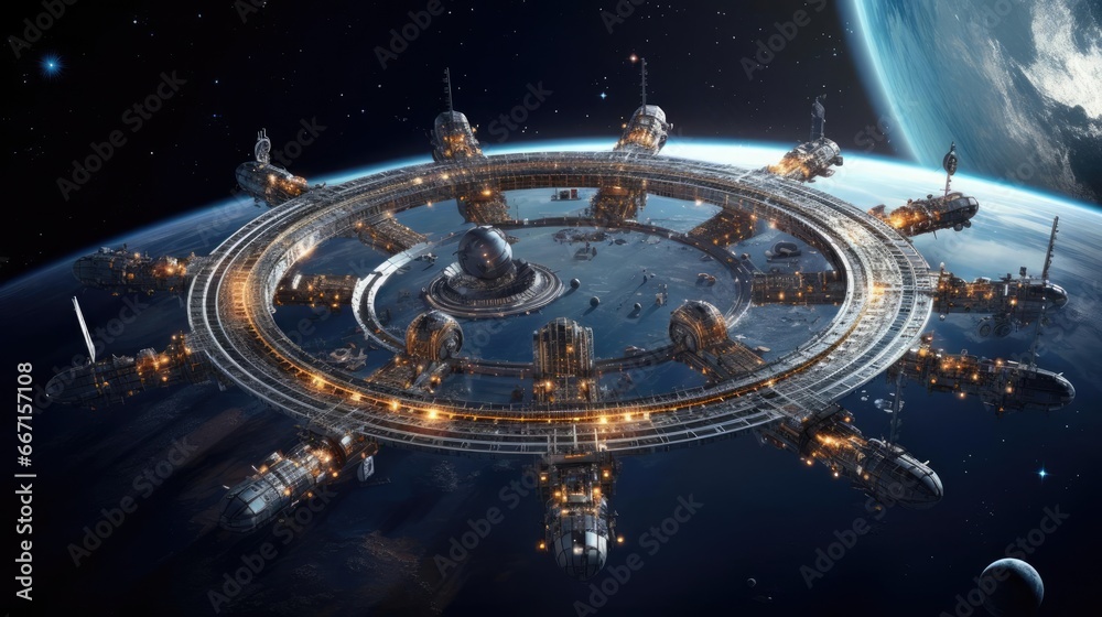 Orbital space station in space near Earth