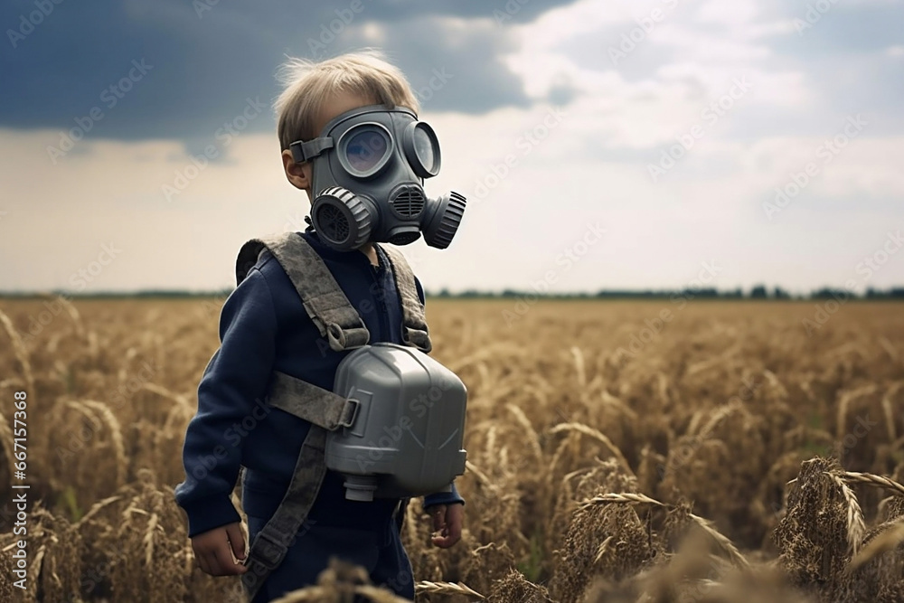 Person protection dangerous pollution environment air disaster chemical ecology toxic gas mask safety - obrazy, fototapety, plakaty 