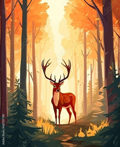 Beautiful deer in the forest among the trees.