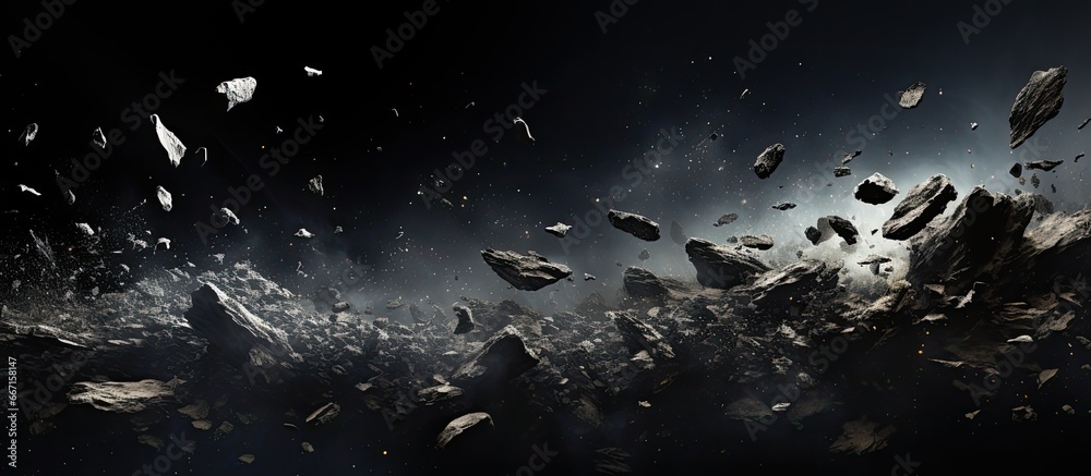 Artificial Intelligence rendering of debris flying on black background covered in dust - obrazy, fototapety, plakaty 