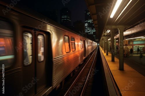 Footage of a late night subway train moving quickly. Generative AI