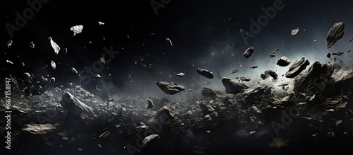 Artificial Intelligence rendering of debris flying on black background covered in dust photo