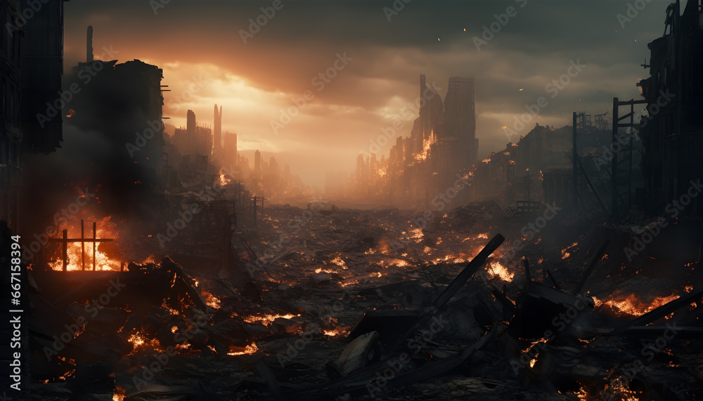 Empty burning city destroyed in ruins. Collapsing structures after war. War concept Empty burning city destroyed in ruins. Collapsing structures after war. War concept