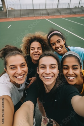 Vertical photo of a diverse friends filled with joy assemble on sports ground to capture cheerful selfie. Group of multiracial friends radiating with happiness meets on sports ground to snap selfie.