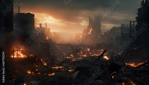 Empty burning city destroyed in ruins. Collapsing structures after war. War concept © mica