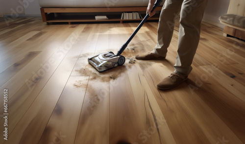 A person cleaning a floor with a vacuum cleaner. Wearing shoes. Dust and dirt. Housework or chores. Domestic life. Parent life. Endless cleaning.