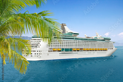 Luxury cruise ship sailing from port