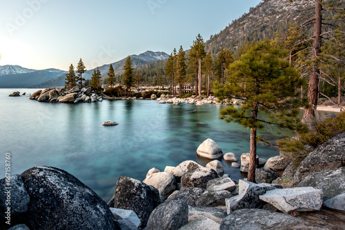Lake Tahoe Sand Harbor Beach, the beach is known for its crystal-clear waters, soft sand, and stunning views of the surrounding mountains.