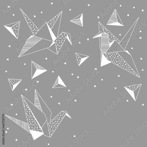 Background with origami cranes. Paper symbolic decorative objects.