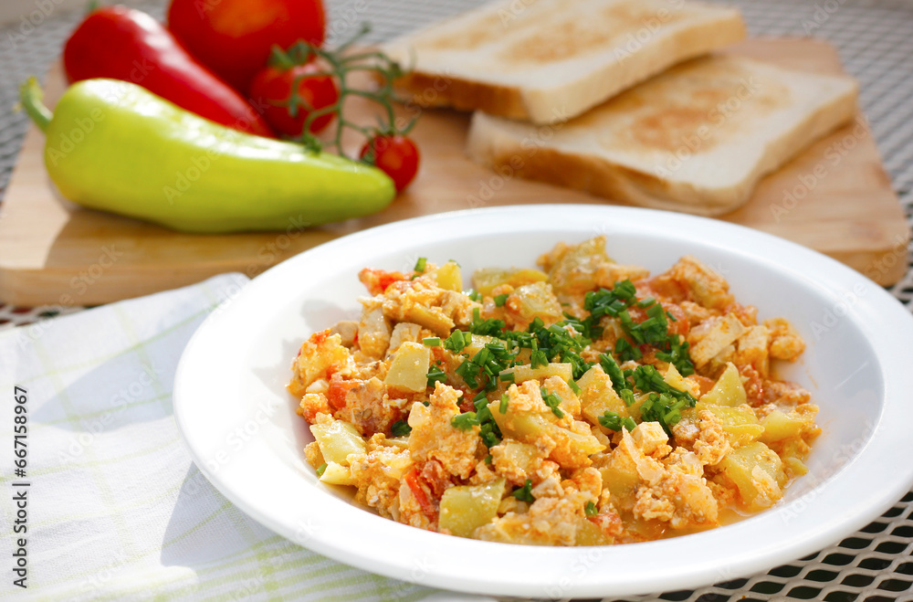 Vegetable dish called lecho containing peppers, tomatoes, onion, eggs and tofu served on white plate with chopped chives and toasted bread. Delicious lecho and its ingredients on garden table.
