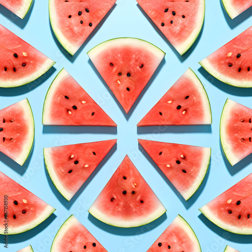 The concept of summer and fresh food. Pieces of watermelon pattern. The background is pastel blue.