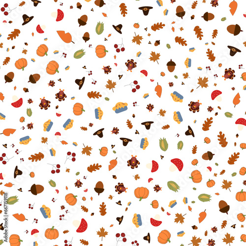 Fototapeta Naklejka Na Ścianę i Meble -  Thanksgiving pattern vector illustration. Happy Thanksgiving day. Harvest festival. Thanksgiving greeting card design.	