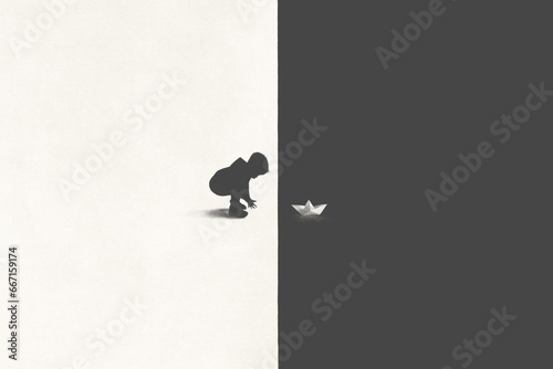 illustration of little kid playing with paper boat in the water, black and white contrast concept