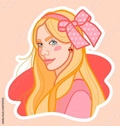 Sticker with the image of a cute smiling girl with long blonde curls with a decoration in the form of a large lush bow