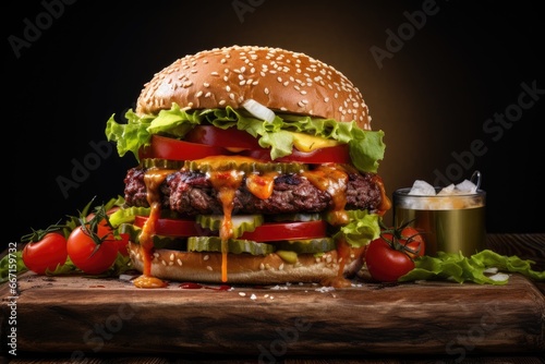  a cheeseburger with lettuce  tomatoes  and other toppings.  generative ai