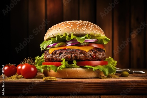  a hamburger with lettuce, tomato, onion and cheese.  generative ai