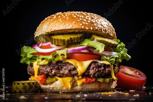  a cheeseburger with lettuce, tomato, onion, and pickles.  generative ai