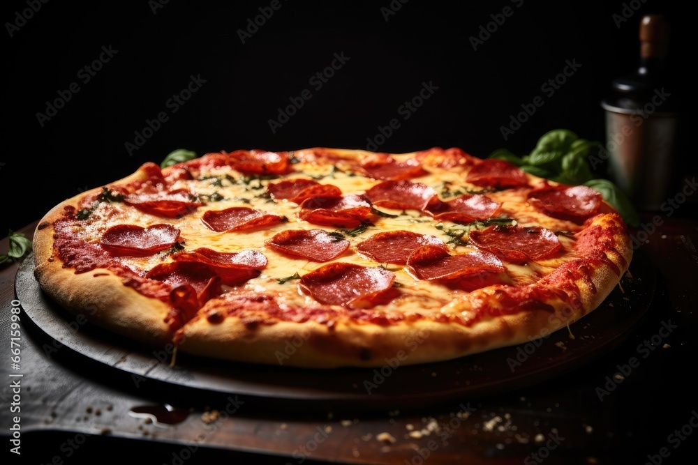  a pepperoni pizza sitting on top of a wooden table.  generative ai