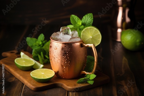  a copper mug with limes and mint on a cutting board.  generative ai