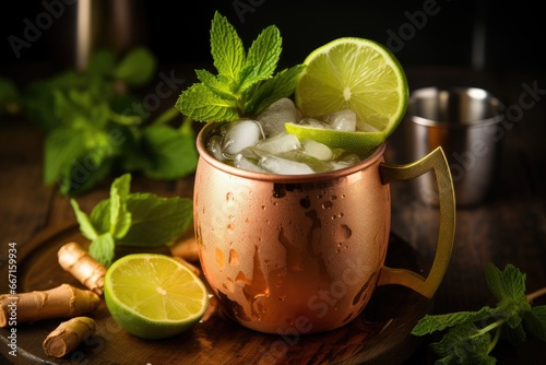  a copper mug filled with ice, lime, and mint. generative ai