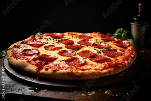  a pepperoni pizza sitting on top of a wooden table. generative ai
