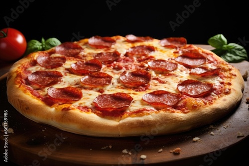  a pepperoni pizza sitting on top of a wooden cutting board. generative ai