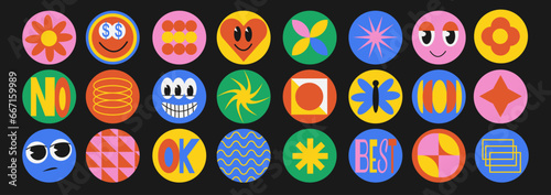 Retro abstract sticker with playful geometric shape. Groovy circle oval rectangle arch eyes typography in brutalism 90s style. Vector illustration with wavy geometric elements.