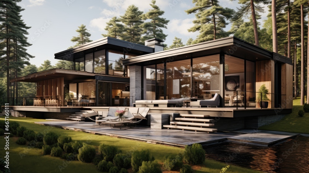 A beautiful house with large windows is situated in the heart of a dense forest