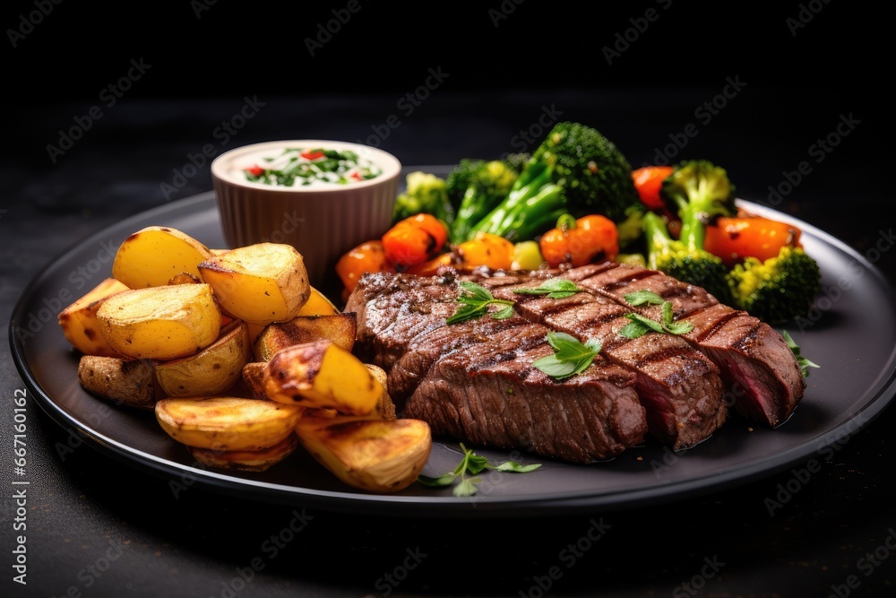 a plate of steak, potatoes, broccoli and carrots. generative ai a plate of steak, potatoes, broccoli and carrots. generative ai