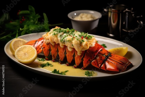  a plate of lobster with lemon sauce and garnish. generative ai