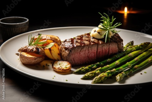  a plate of food with asparagus, potatoes and steak. generative ai