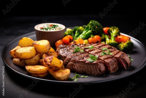  a plate of steak, potatoes, broccoli and carrots.  generative ai