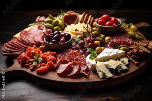  a platter of meats, cheeses, and fruit.  generative ai