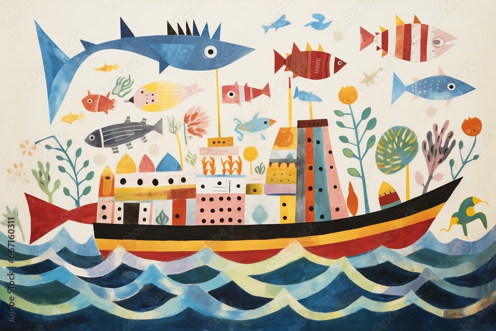 A child's artwork depicting a boat. Generative AI
