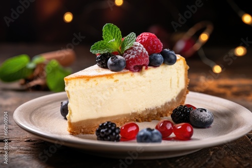  a piece of cheesecake with berries and mint on a plate. generative ai