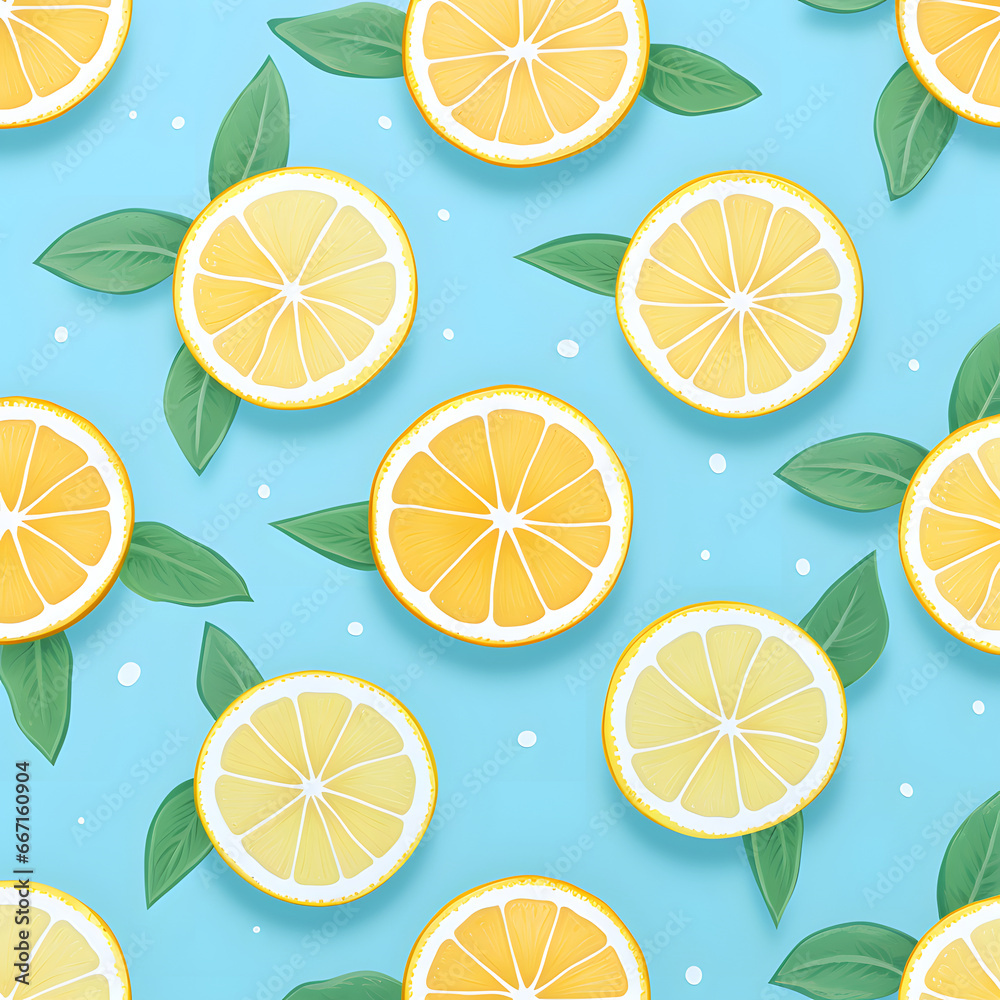  Summer and healthy food concept on pastel blue background. Pattern of circles of lemon slices. Flat lay view