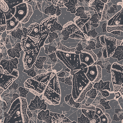 Magical gothic moth bugs pattern in grey and pink. Perfect for Halloween and autumn seasons. Bold and moody butterfly design with a mystic sorcery look. Spooky witchcraft insect illustration.