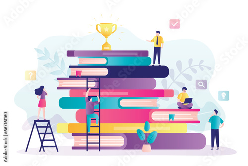 Various young adults strive for goal of learning and reward. Knowledge, learning process. Smart students climbs stairs textbooks to target and goals.