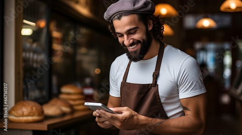 Smiling man holding and looking at the phone with copy space for your logo or design  © Ekaterina