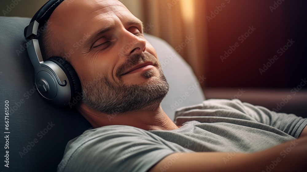 Mann liegt entspannt auf der Couch und hört über Kopfhörer Musik - obrazy, fototapety, plakaty 