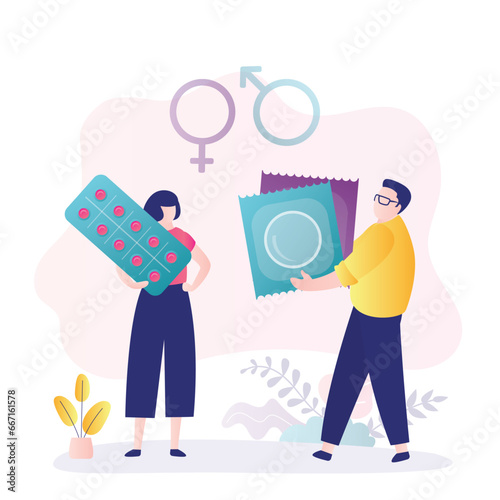 Love couple with contraceptive methods. Boyfriend holding condoms, girlfriend with birth control pills. Female healthcare, pharmacy, contraception concept