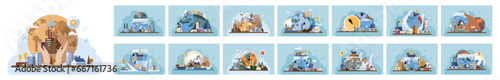Industrial pollution. Dirty waste. Environmental pollution. Vector illustration. Trash emission is contributing to environmental pollution Dirty waste from factories is polluting our water sources