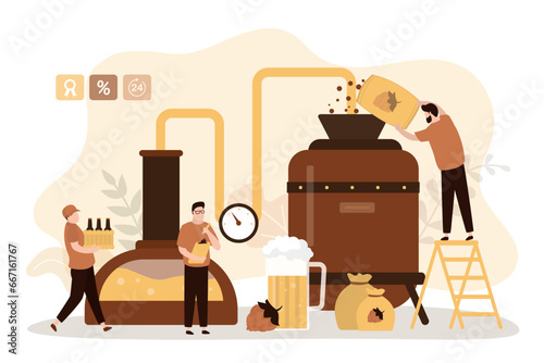 Brewery, concept banner. Craft beer production, modern brewing process. Beerhouse technology for barleys and hops processing into alcoholic drink. Tank and glass mugs with beer. photo