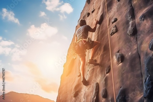 African sportsman exercises climbing on climbing wall © A Denny Syahputra
