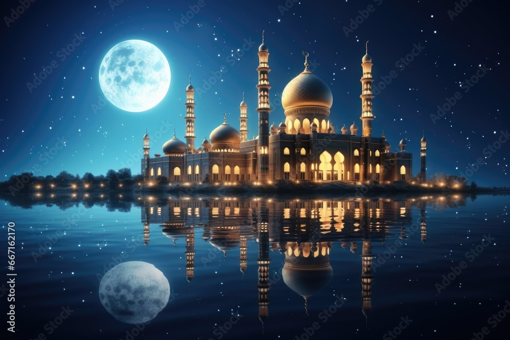 Beautiful mosque on the background of the moon. 3D rendering, Illustration of mosque with moon and reflection in water. Ramadan Kareem background, AI Generated